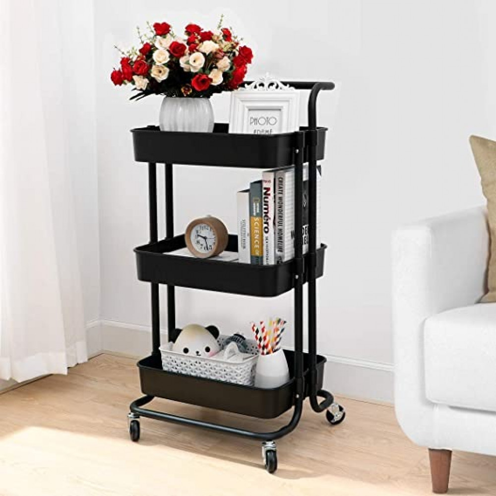 3 Tier Metal Rolling Utility Cart with Wheel - Brown Color